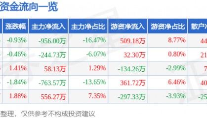 股票行情快报：ST合纵（300477）8月13日主力资金净卖出956.00万元