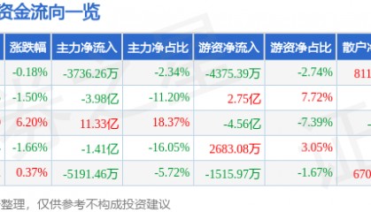 股票行情快报：三六零（601360）8月4日主力资金净卖出3736.26万元