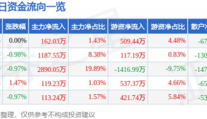 股票行情快报：海油发展（600968）6月11日主力资金净买入162.03万元