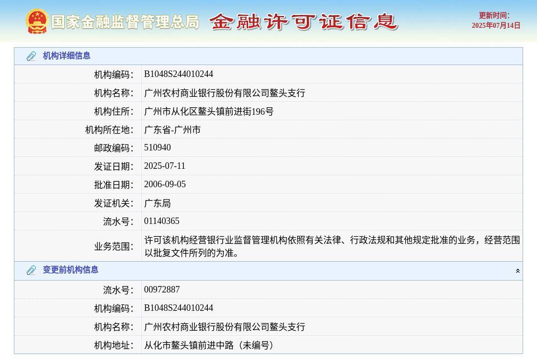 广州农村商业银行股份有限公司鳌头支行换发金融许可证，发证日期2025年7月11日